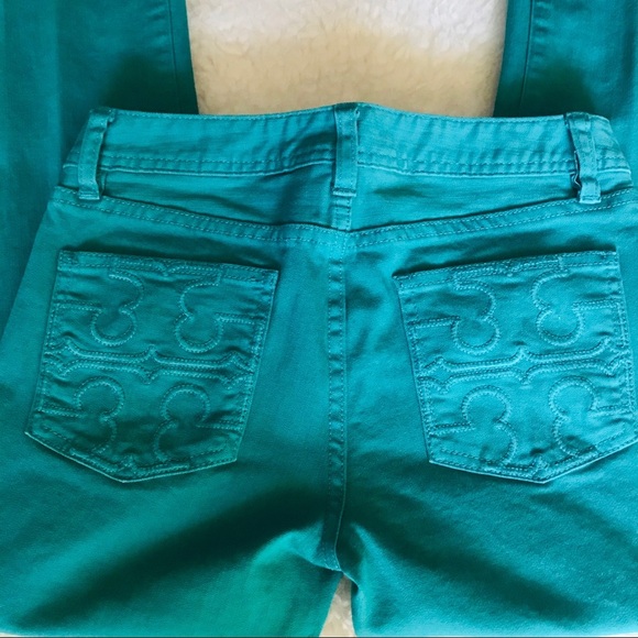 Tory Burch Women’s Cropped Slim Boot Green Denim Jeans/Pants size 26 - Picture 3 of 13